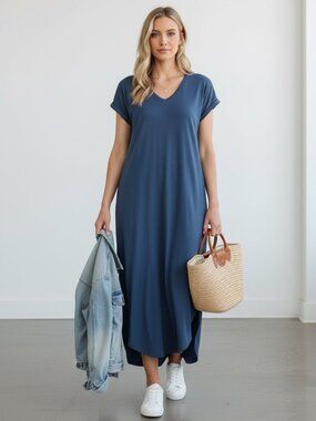 Entro Royal Blue Maxi Dress V Neck Jersey Knit Pockets NWT Small